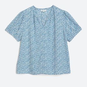 Light Blue Floral Dot Short-Sleeve V-Neck Blouse